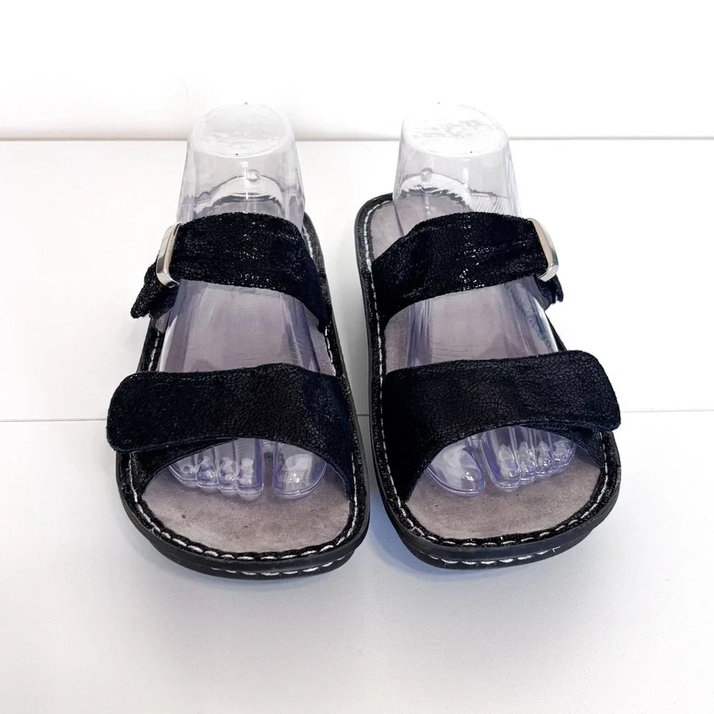 Alegria Karmen Double Strap Leather Slide Sandals Size 41 10.5-11Black Metallic